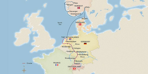 Illustrated map of the path of the cruise "Rhine and Viking Shores and Fjords"