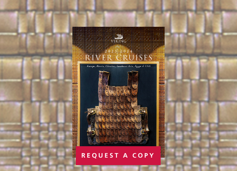 Image of Viking River Cruises brochure against photo background of the Aquavit Terrace on Viking Longships; overlaid with header text "Free River Brochure" and action text "Order now"