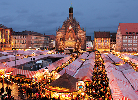 Aerial view of a Christmas market in Nuremberg, Germany